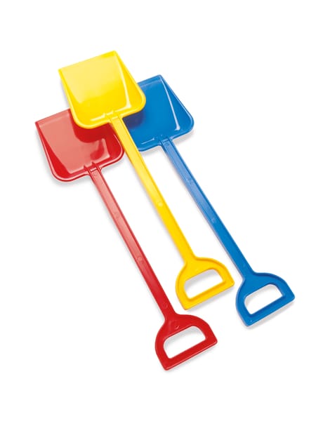 Tre skovle i primærfarverne rød, gul og blå med håndtag